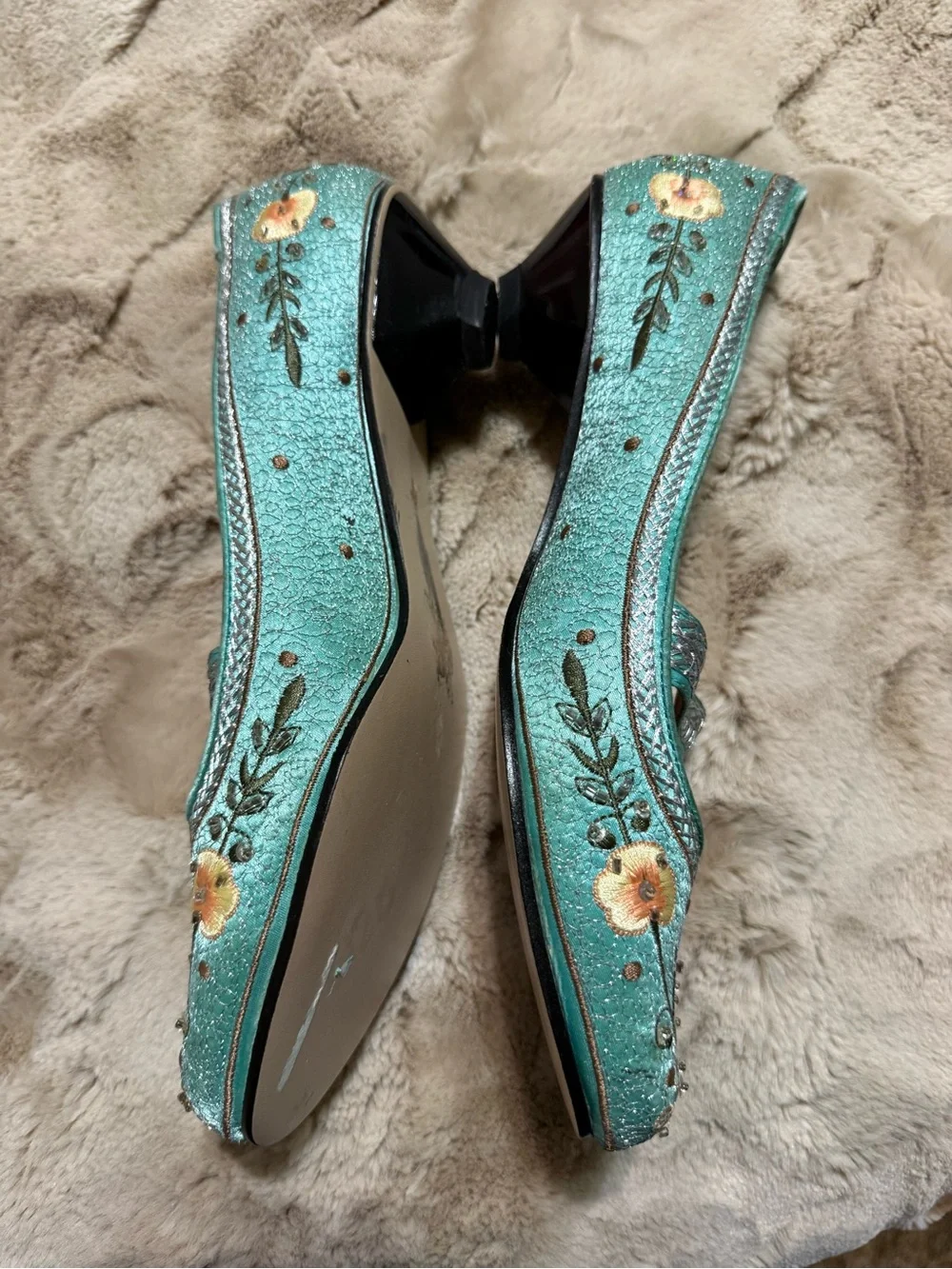 Two Lips Teal Embroidered Mary Jane Flats